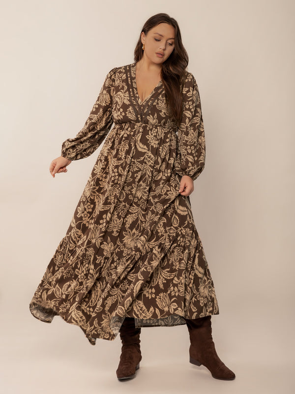 plus-size-printed-v-neck-balloon-sleeve-maxi-dress OhSoStyled - Sophia's Style-1